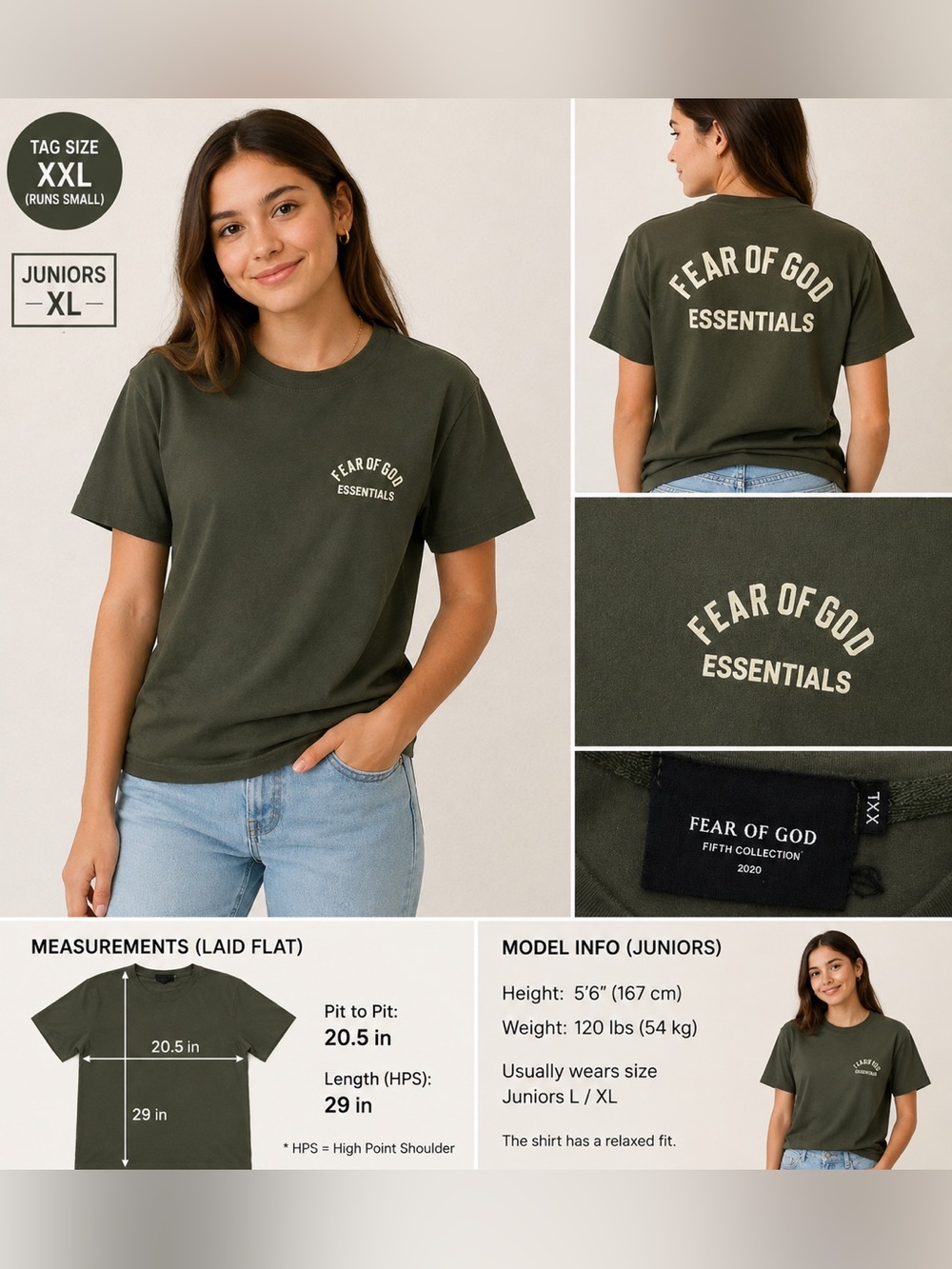 Fear of God Essentials Fifth Collection 2020 Juniors XXL Olive Green T-Shirt